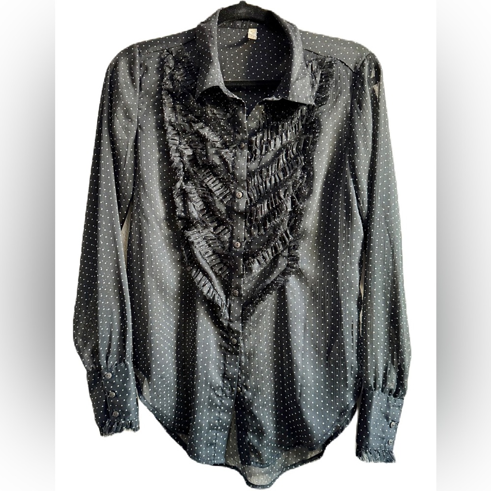 Free People Black White Polka Dot Sheer Ruffle Tuxedo Blouse SP